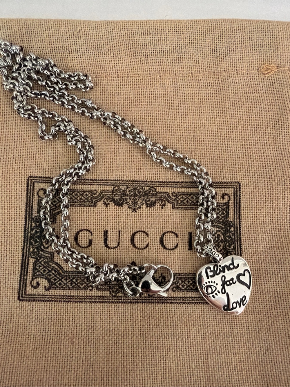Gucci Silver Heart Charm 'Blind for Love' Pendant Necklace